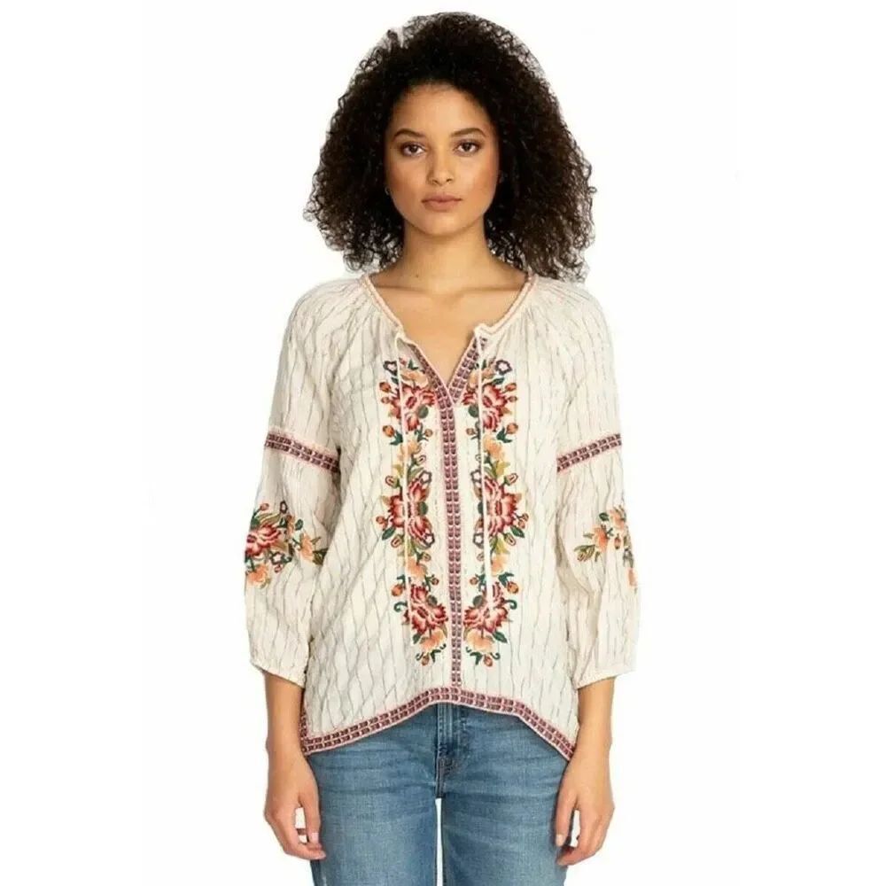 Womens Johnny Was Workshop Juliene Peasant Embroidered Floral Boho Blouse Top  L